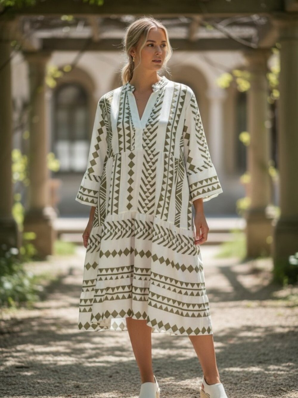 NWT Silk & Salt Women's Midi Dress Long Sleeve Geometric Print Size Medium